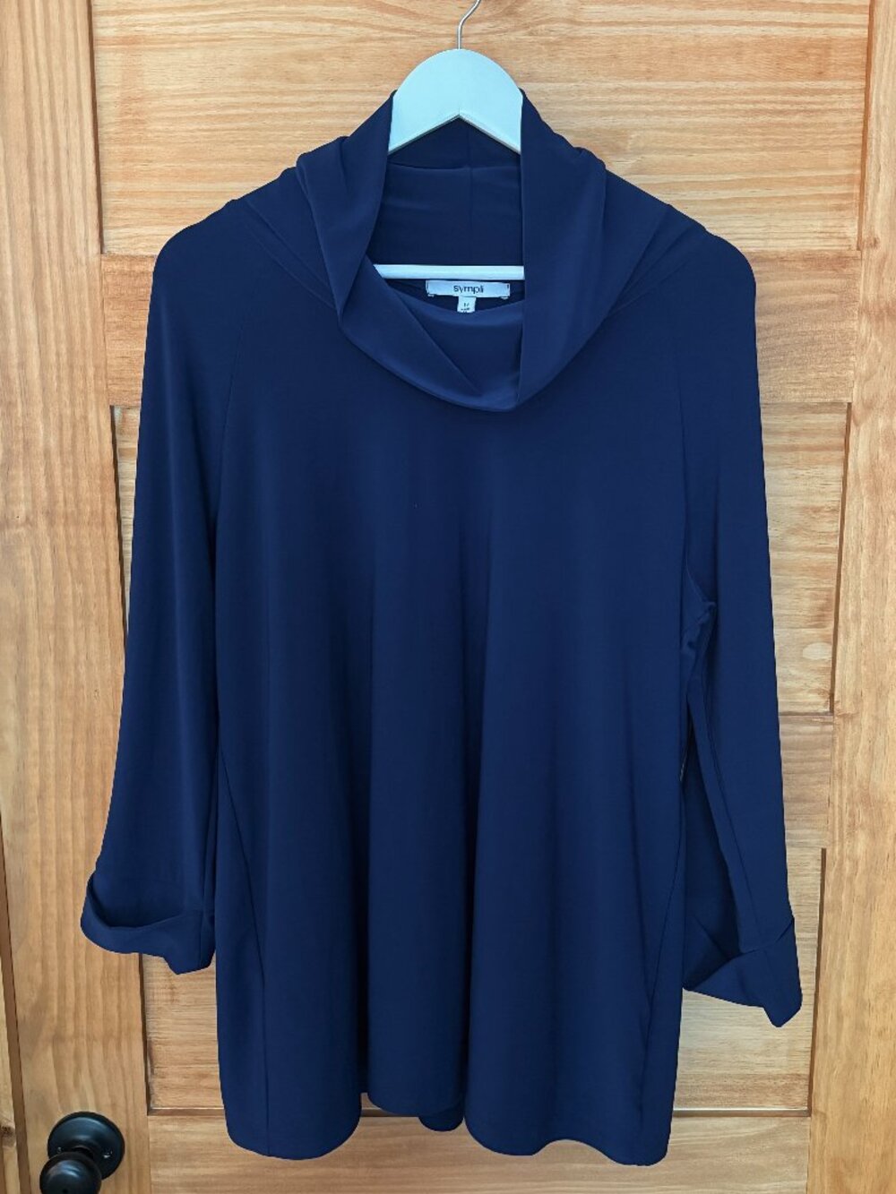 Sympli Navy Blue Jersey Stretch Cowl Neck Relaxed Fit Tunic Top Women's size 14